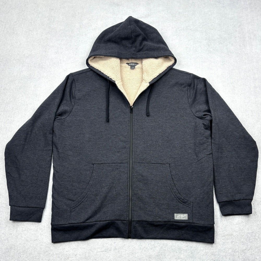 Eddie Bauer Hoodie Mens Large Charcoal Gray Sherpa Lined Full Zip Fleece Jacket